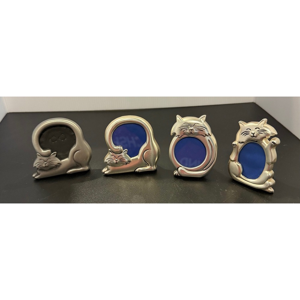 Small Cat Kitten Kitty Picture Frame Set Silver Pewter Tone 4pc Mini Vintage